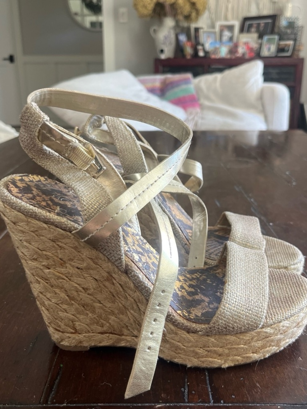 BCBGeneration Metallic Gold and Natural Espadrille Wedge Sandals